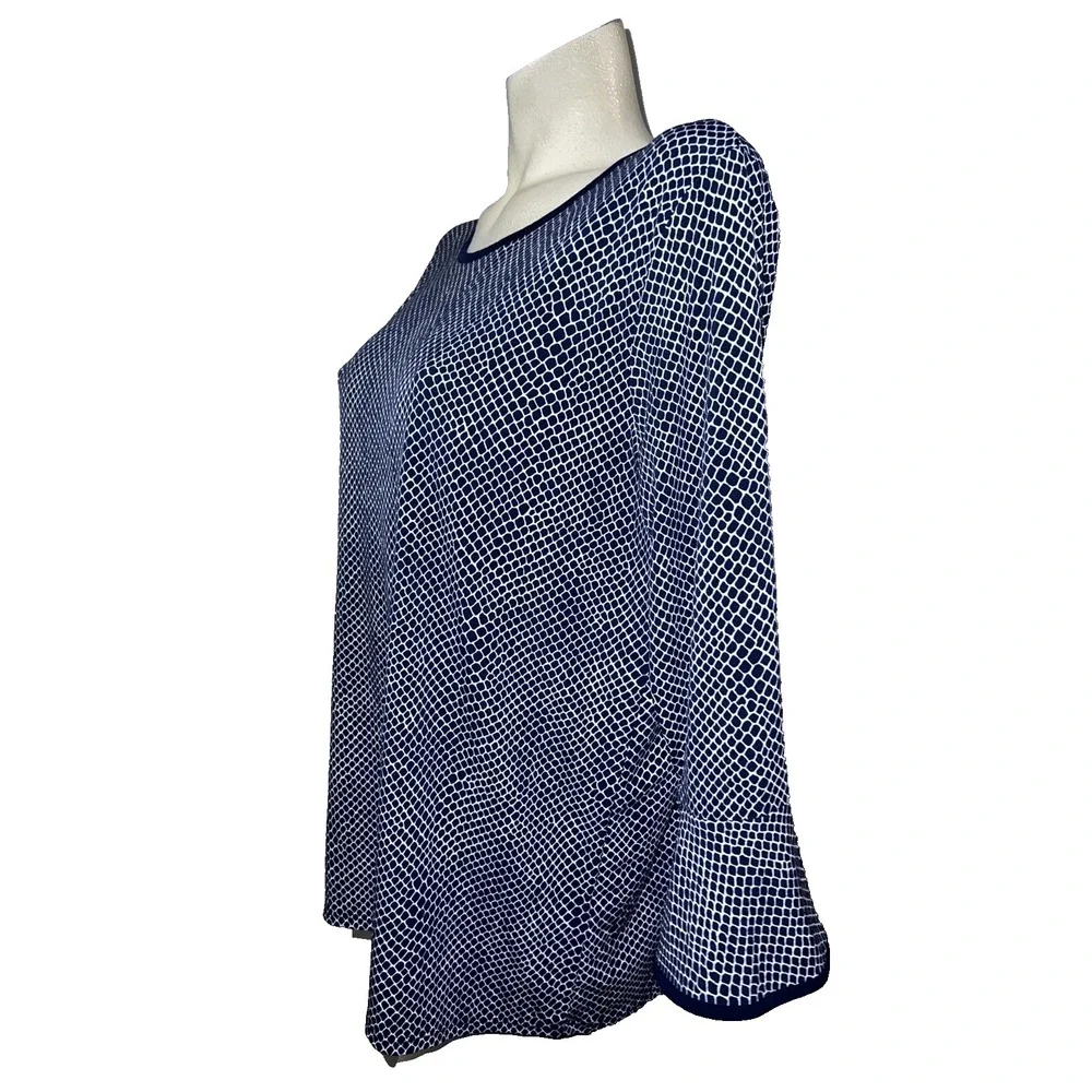 Michael Kors Navy White Geometric Snakeskin Print Bell‎ Sleeve Blouse Top XL